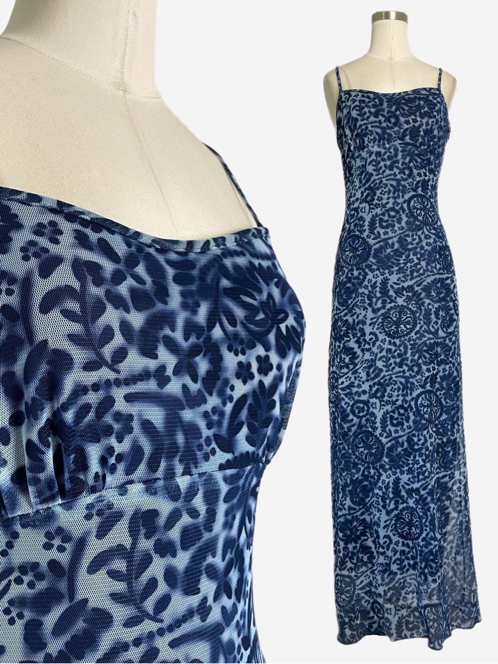 Vintage 90s 579 Blue floral mesh slip maxi dress soft goth grunge cottagecore XS
